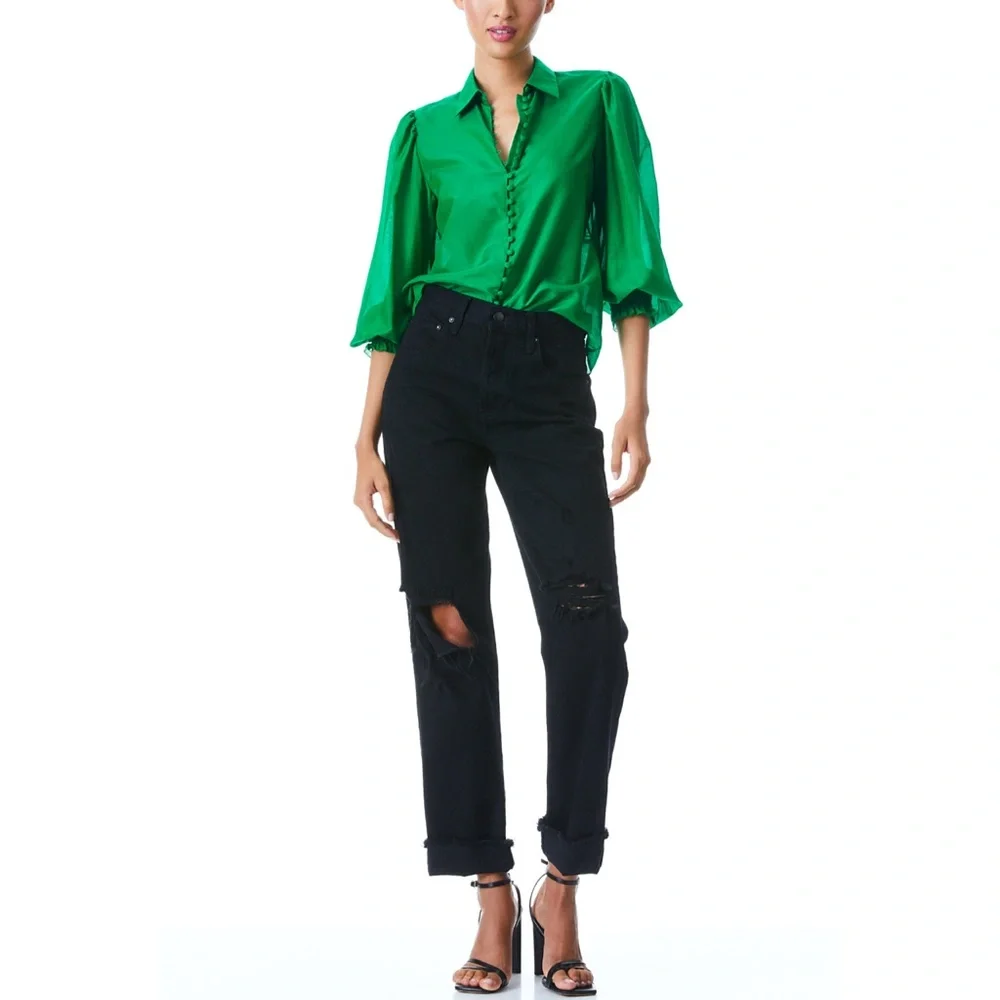 Alice + Olivia Joey Emerald Green Button Front Silk Blend Smocked Blouse - Picture 14 of 15